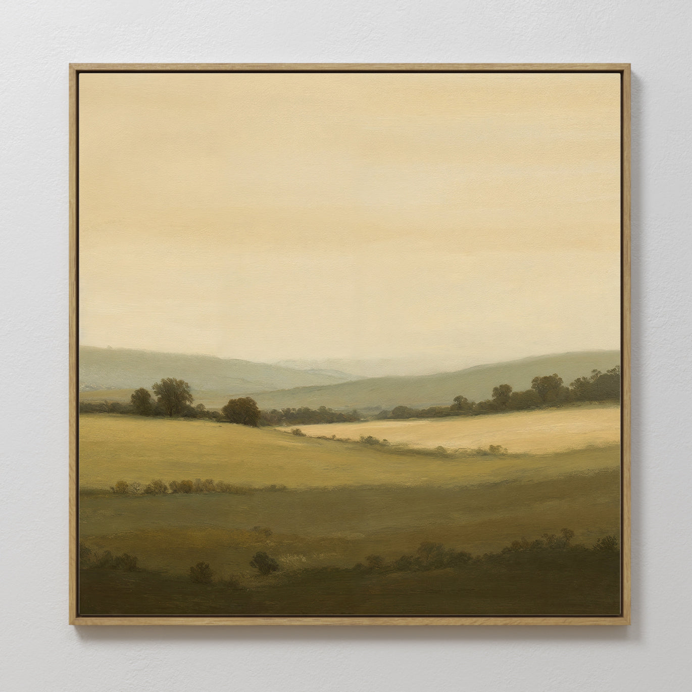 Original hand painted warm golden olive green rolling valley landscape oil painting canvas wall art, nordic scandinavian elegant luxury modern home de