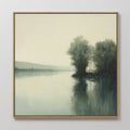 Original hand painted misty lake sage green teal oil painting canvas wall art, nordic scandinavian elegant luxury minimalist modern living room home d