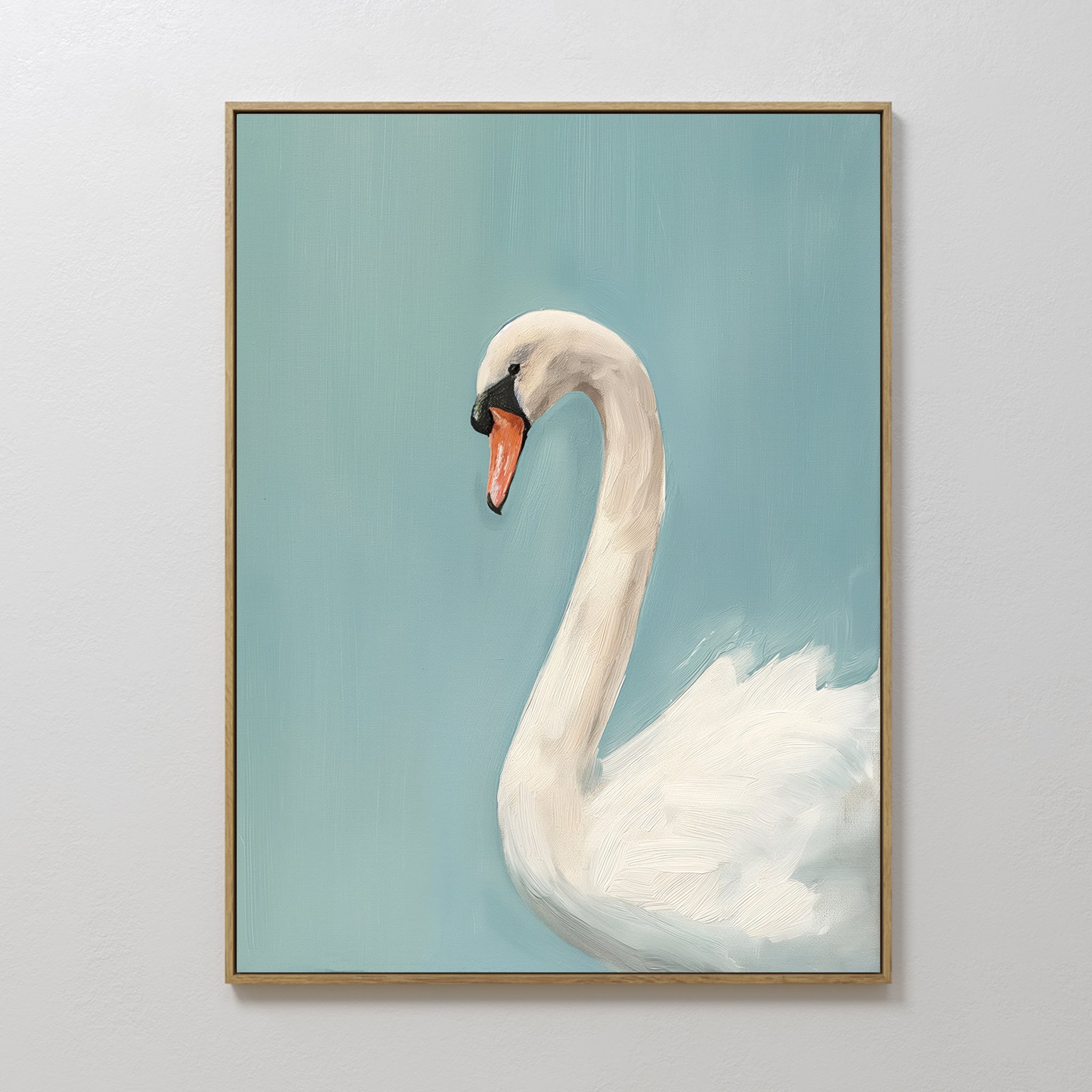 Original hand painted white swan teal blue oil painting canvas wall art, nordic scandinavian elegant luxury minimalist coastal modern home decor inter