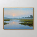 Original hand painted blue green marsh sunrise oil painting canvas wall art, coastal elegant luxury modern nordic scandinavian living room home decor
