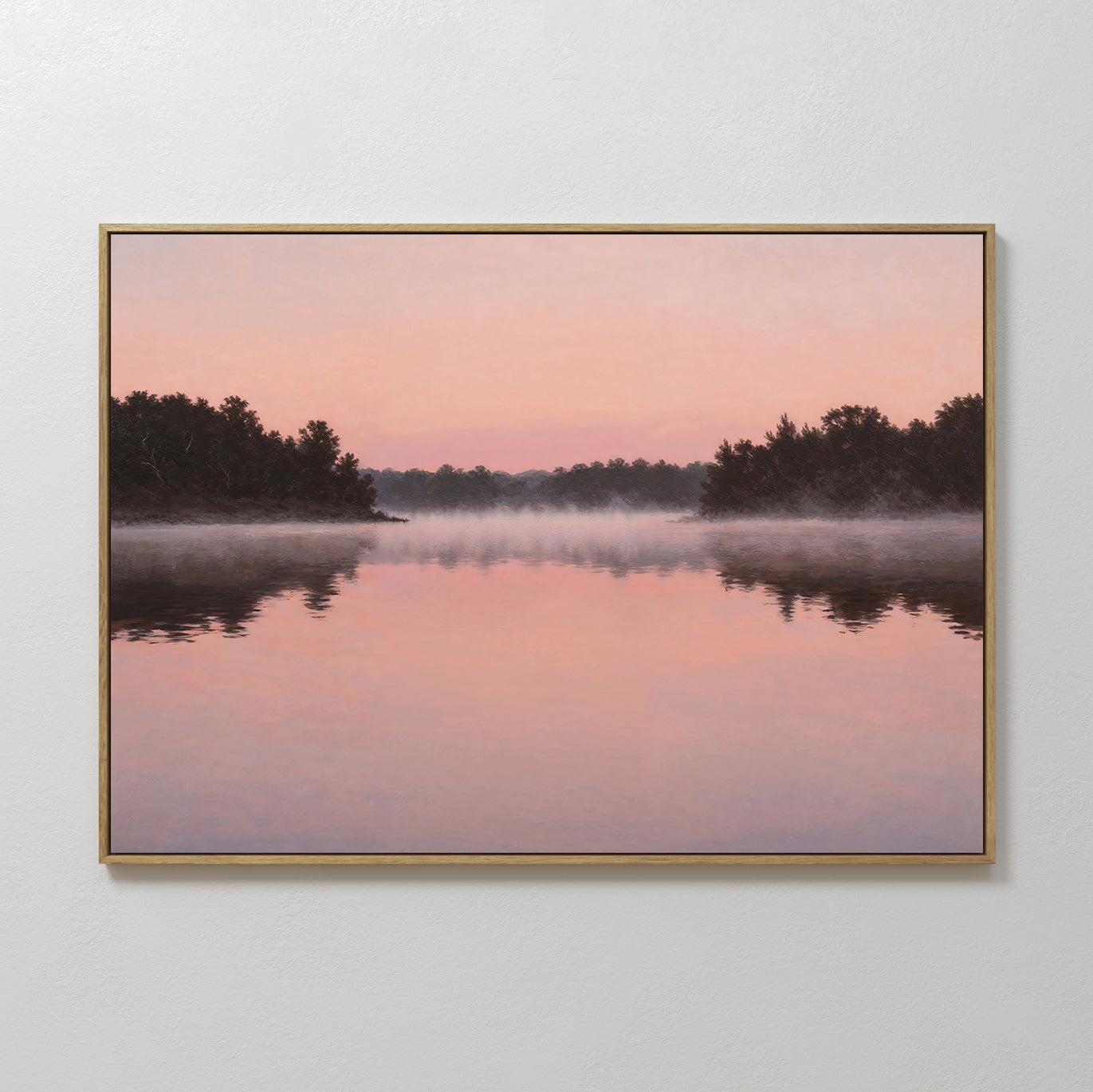 Original hand painted blush pink misty lake sunrise oil painting canvas wall art, nordic scandinavian elegant luxury minimalist modern living room hom