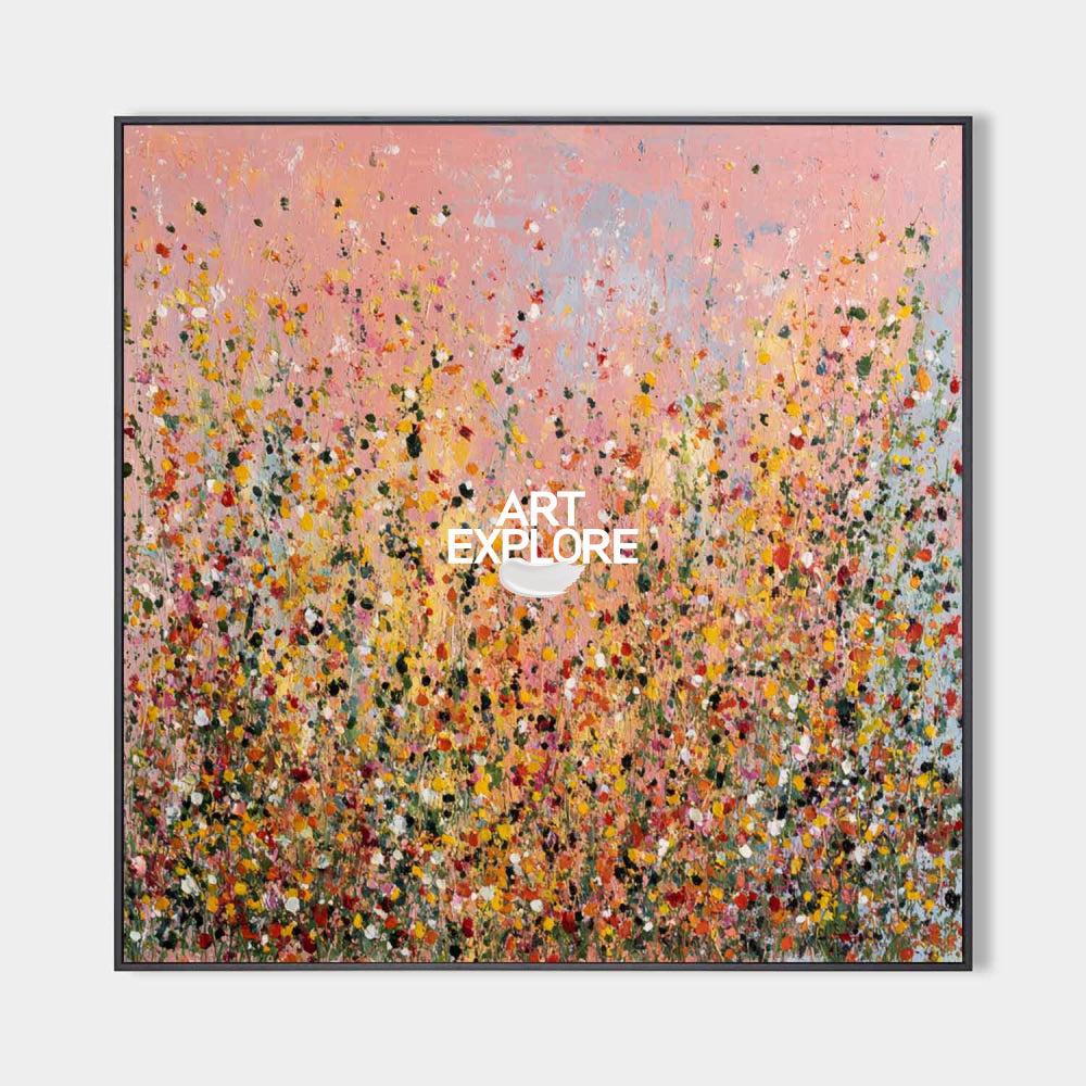 Original hand painted blush pink abstract floral oil painting canvas wall art, wildflower meadow luxury elegant modern nordic scandinav