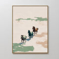 Original hand painted blush teal brown horses oil painting canvas wall art, nordic scandinavian elegant minimalist luxury modern living room home deco