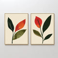 Original hand painted crimson red dark green botanical leaf oil painting canvas wall art set of 2, nordic scandinavian elegant luxury modern living ro