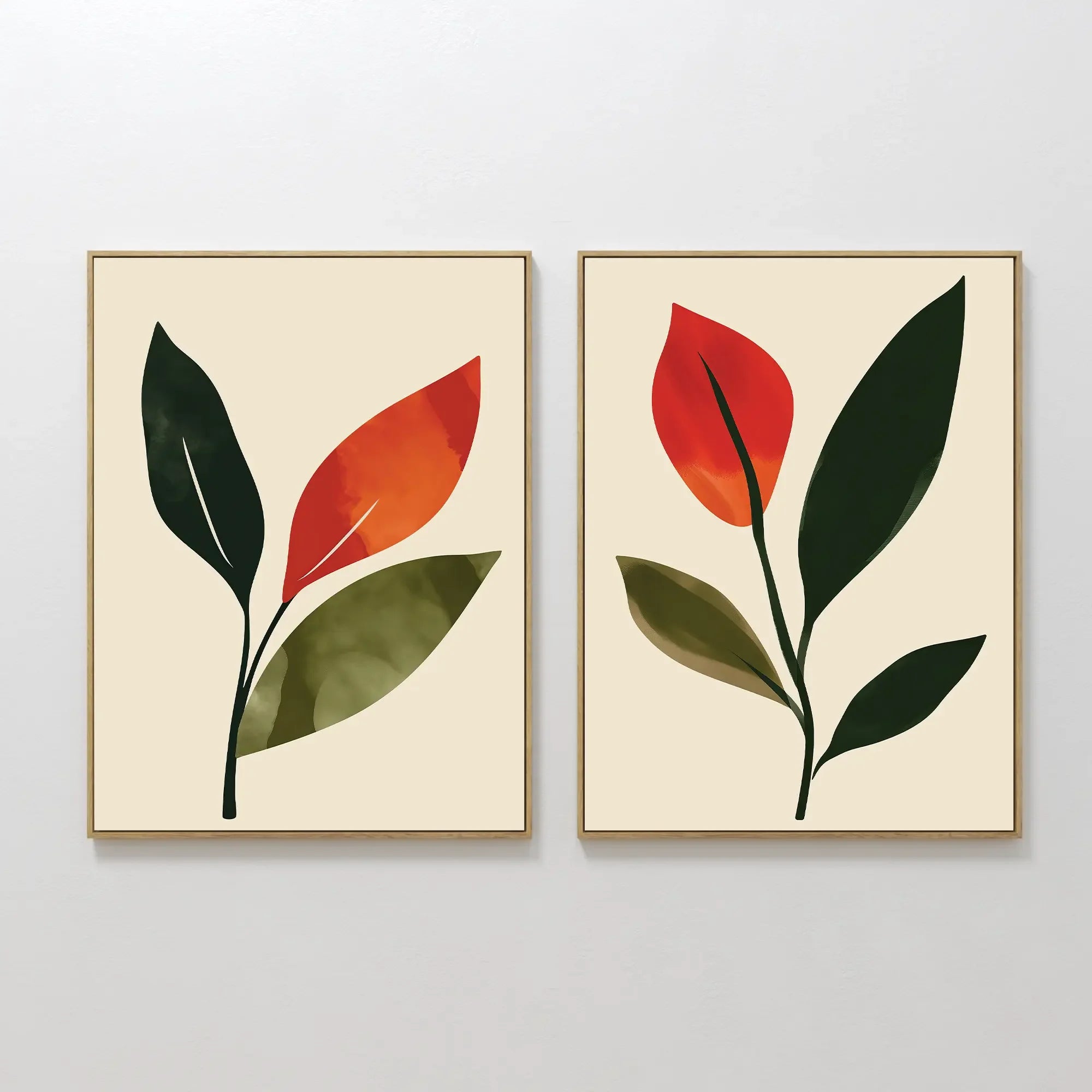 Original hand painted crimson red dark green botanical leaf oil painting canvas wall art set of 2, nordic scandinavian elegant luxury modern living ro