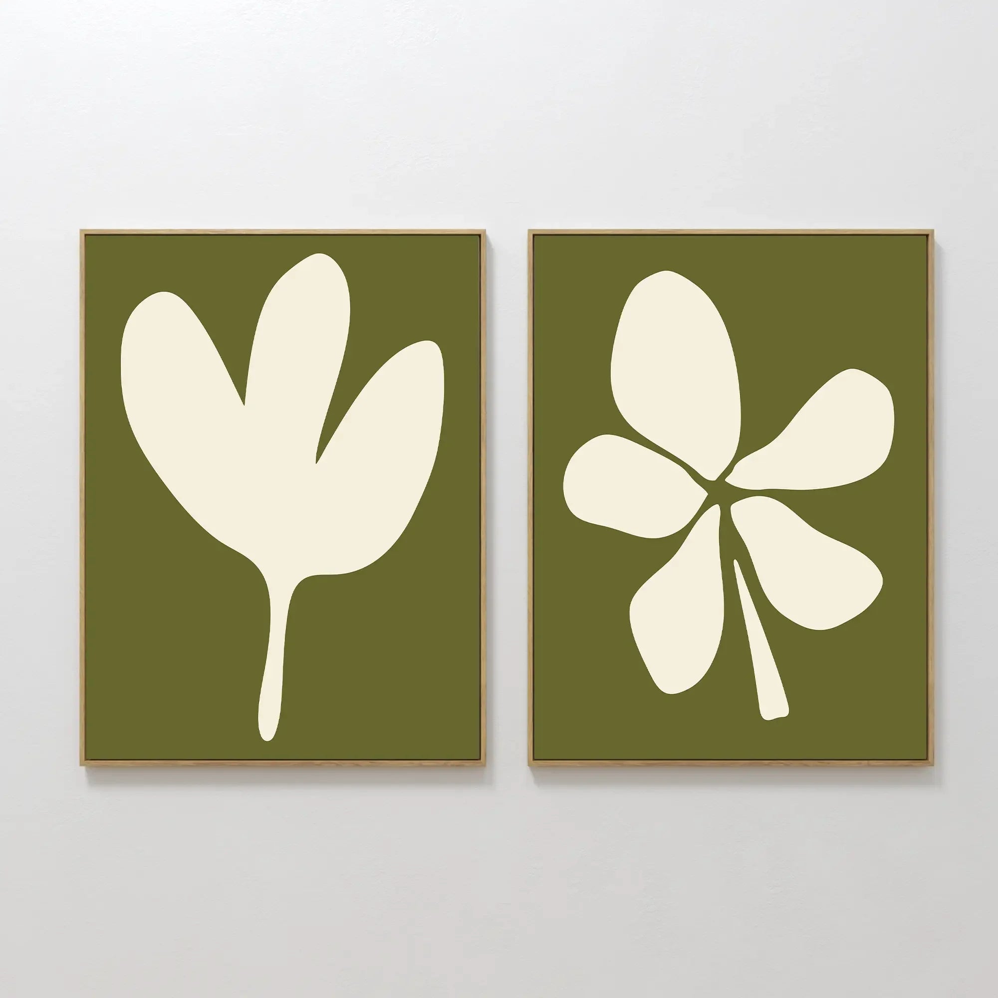 Original hand painted olive green cream botanical silhouette oil painting canvas set of 2 wall art nordic scandinavian minimalist elegant modern home
