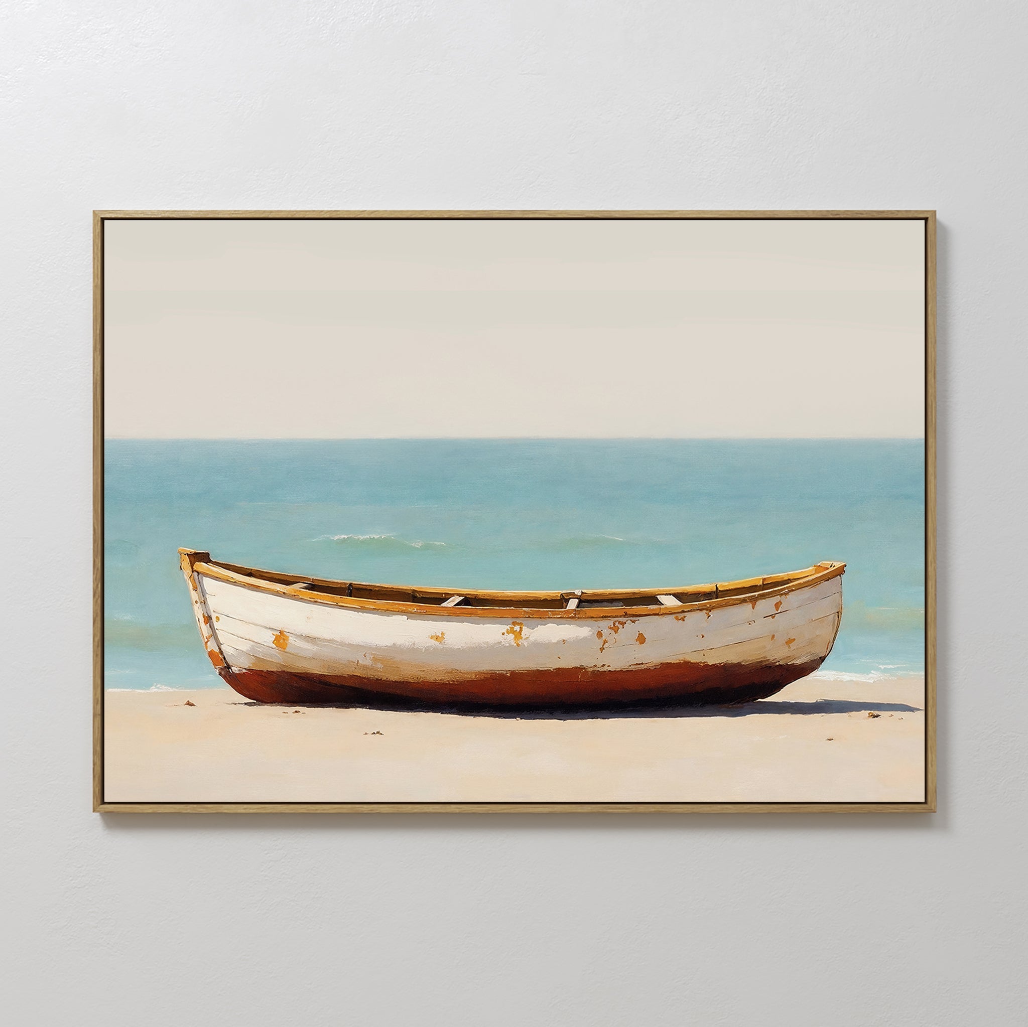 Hand painted original oil painting rustic white rust red wooden boat sandy beach teal ocean canvas wall art coastal elegant luxury modern home decor