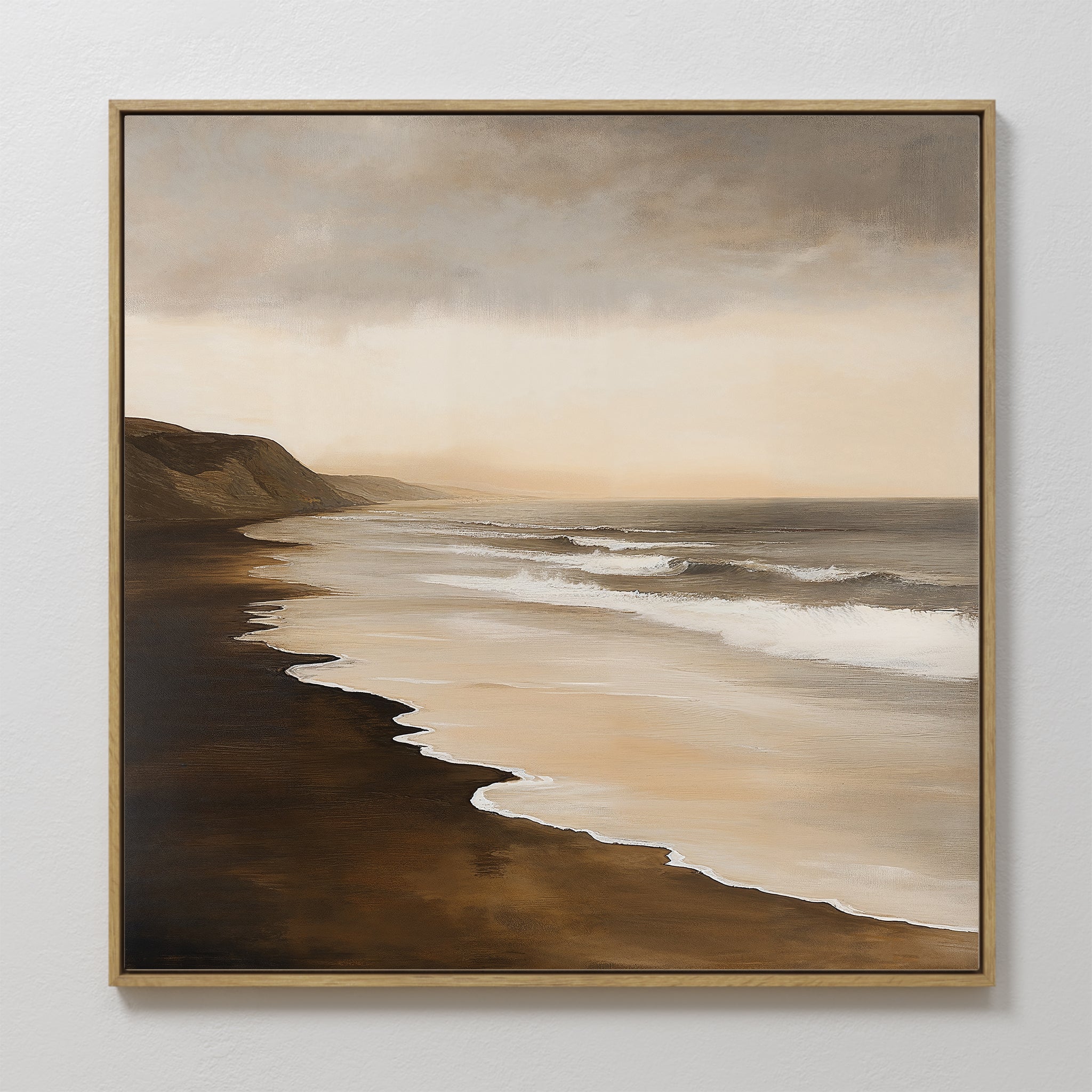 Hand painted original oil painting dark brown amber coastal beach waves stormy sky canvas wall art nordic scandinavian elegant luxury modern interior