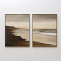 Original hand painted amber brown coastal beach oil painting canvas wall art diptych, nordic scandinavian elegant luxury modern living room home decor