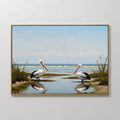 Hand painted original oil painting two white pelicans blue coastal beach shore canvas wall art elegant luxury modern nordic scandinavian home decor in