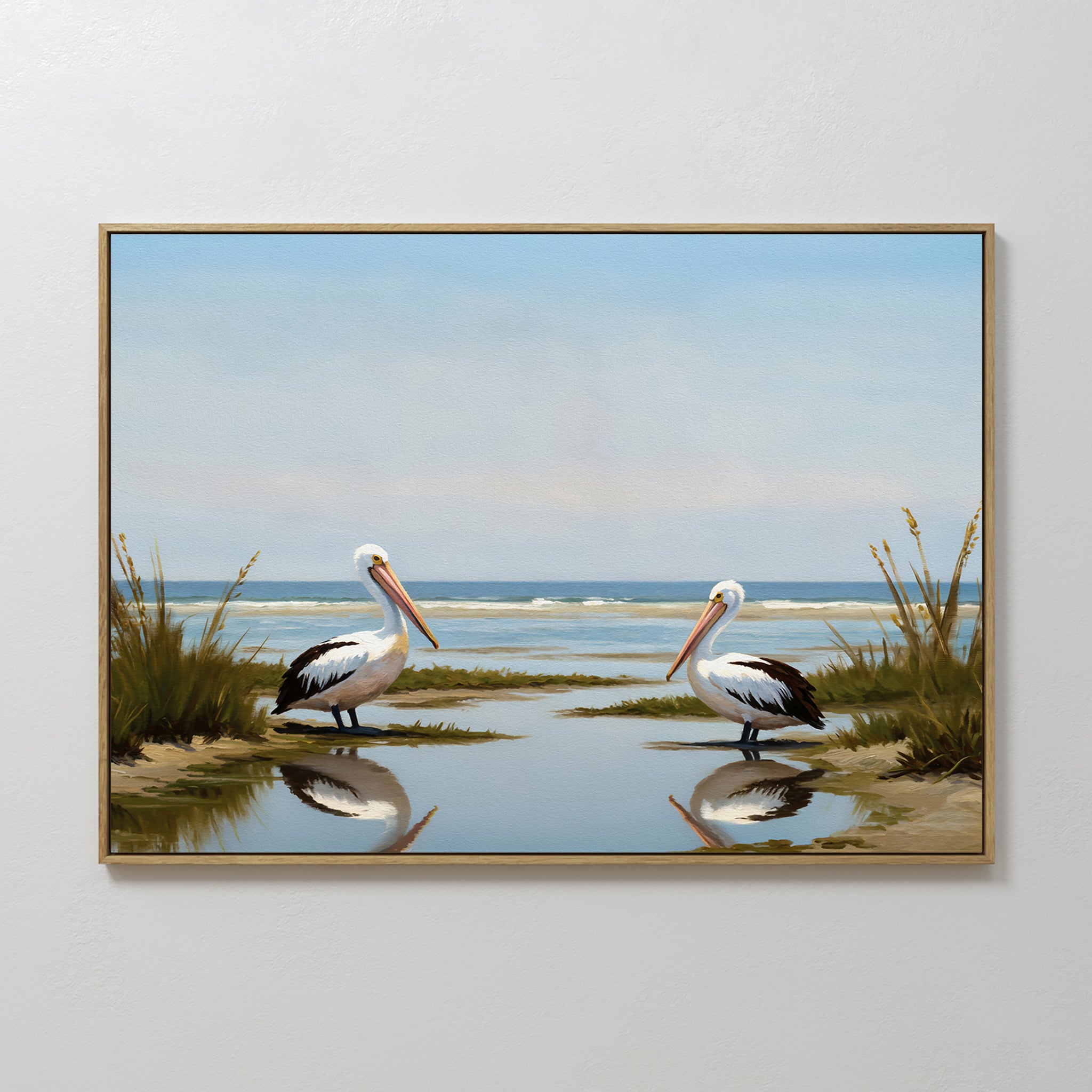 Hand painted original oil painting two white pelicans blue coastal beach shore canvas wall art elegant luxury modern nordic scandinavian home decor in
