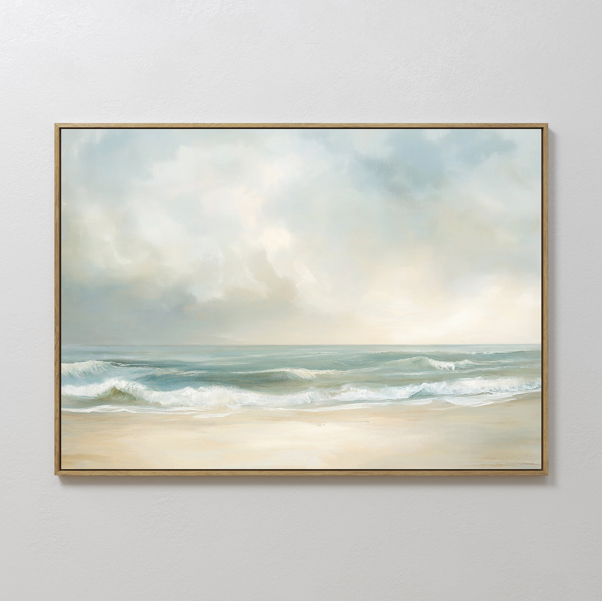 Original hand painted teal ivory coastal ocean oil painting canvas wall art, nordic scandinavian elegant luxury modern beach living room home decor in
