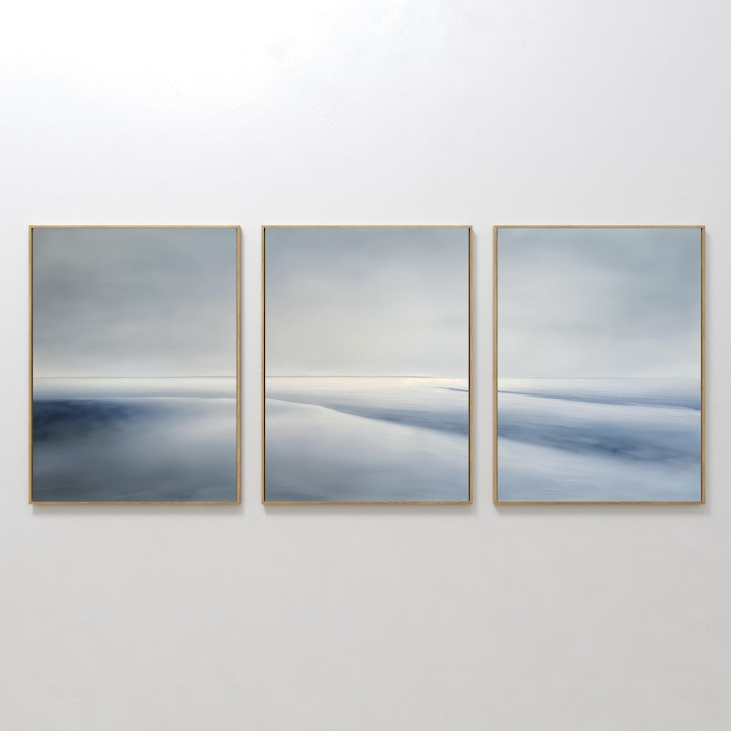 Original hand painted blue grey coastal triptych oil painting canvas wall art, nordic scandinavian minimalist elegant luxury modern living room home d