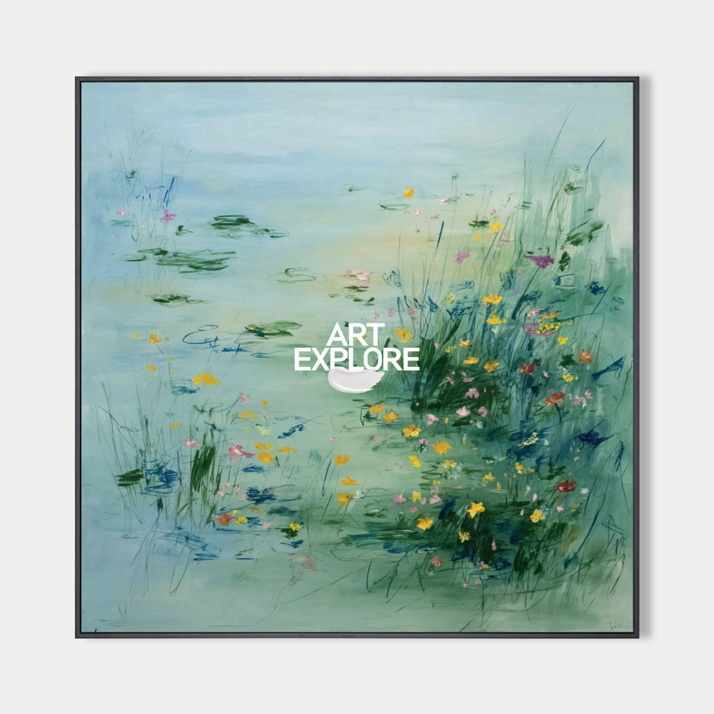 Original hand painted teal botanical oil painting canvas wall art, soft blue green pond wildflowers elegant luxury modern nordic scandi