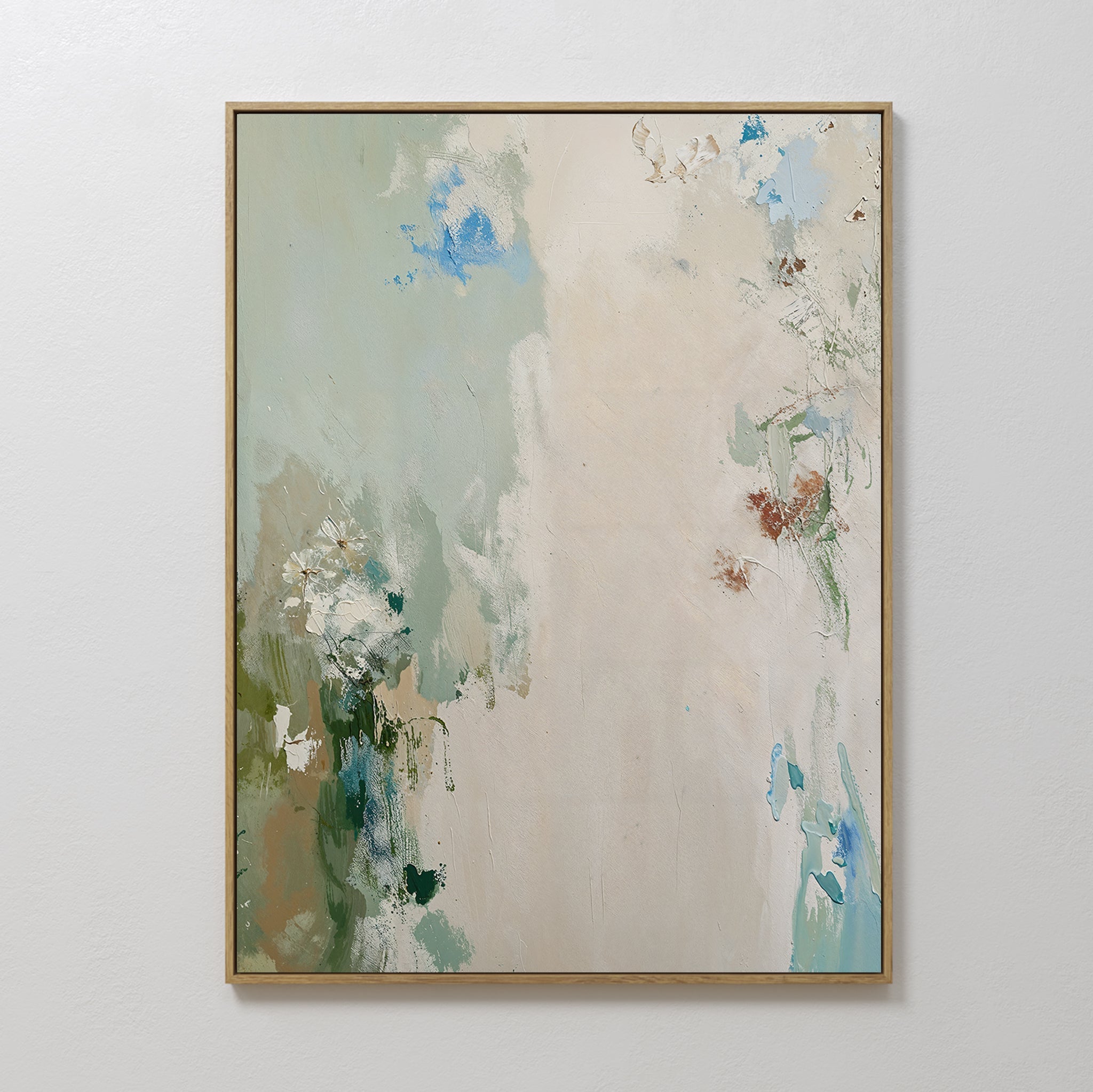 Original hand painted sage green cream abstract floral oil painting canvas wall art, nordic scandinavian elegant luxury minimalist modern living room