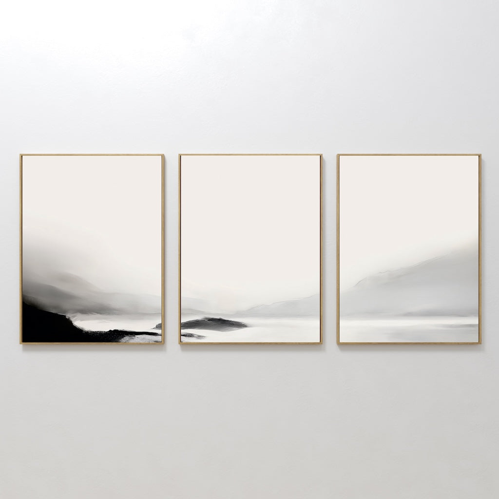 Hand painted original oil painting triptych ivory black grey misty coastal mountain landscape canvas wall art nordic scandinavian elegant luxury moder