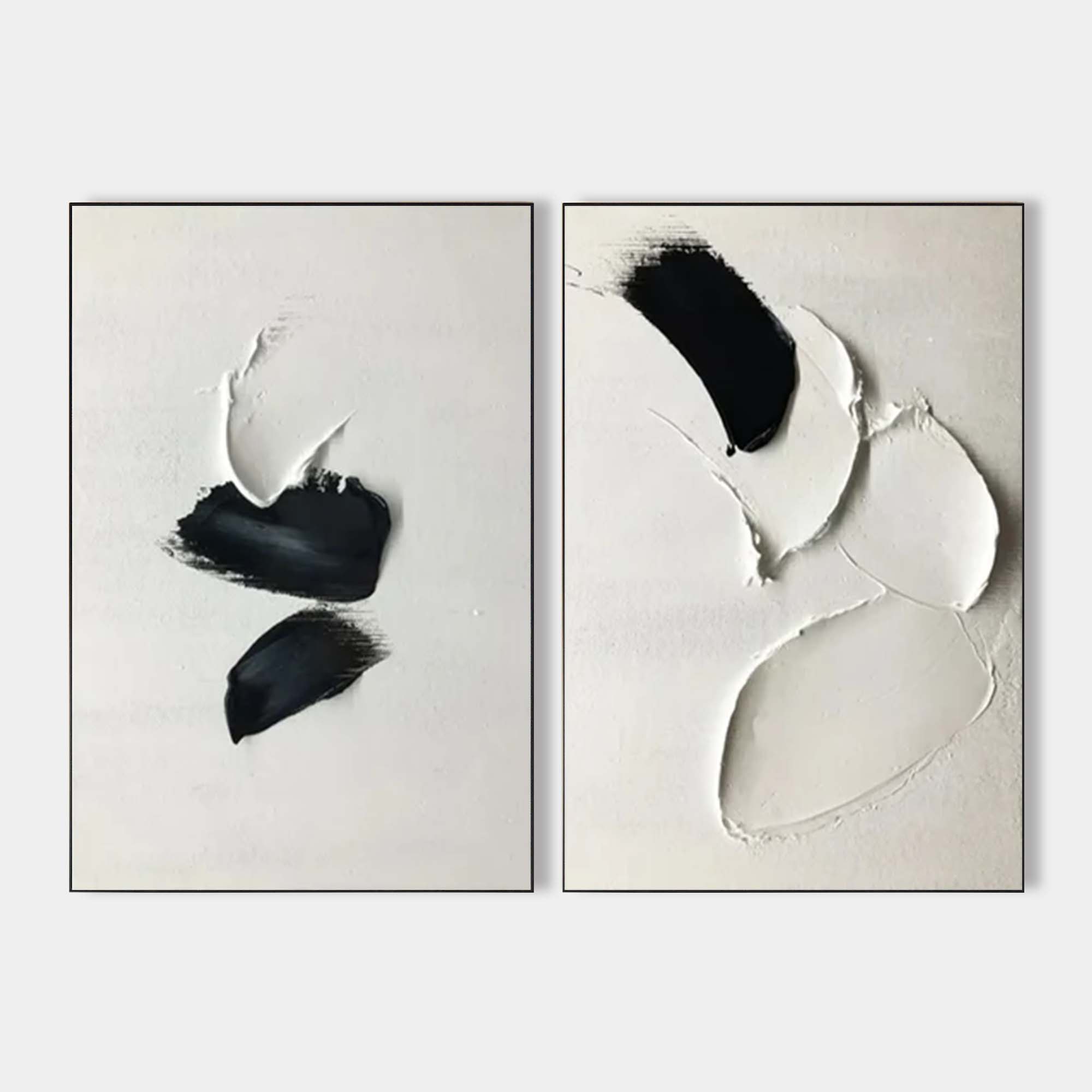 Original hand painted black white abstract oil painting canvas diptych, textured sculptural brushstrokes, nordic scandinavian minimalis