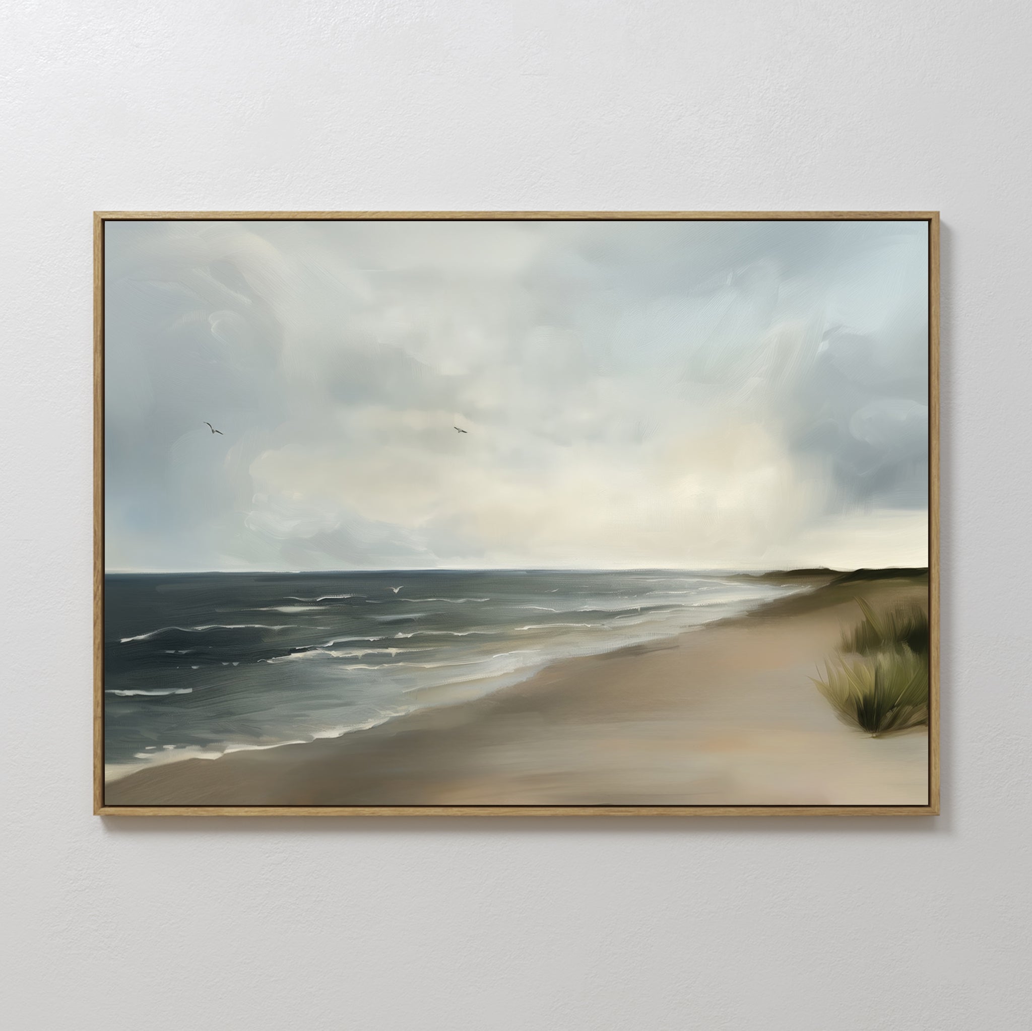 Original hand painted moody coastal beach oil painting canvas wall art, steel blue ocean sandy beige dunes grey sky nordic scandinavian elegant luxury