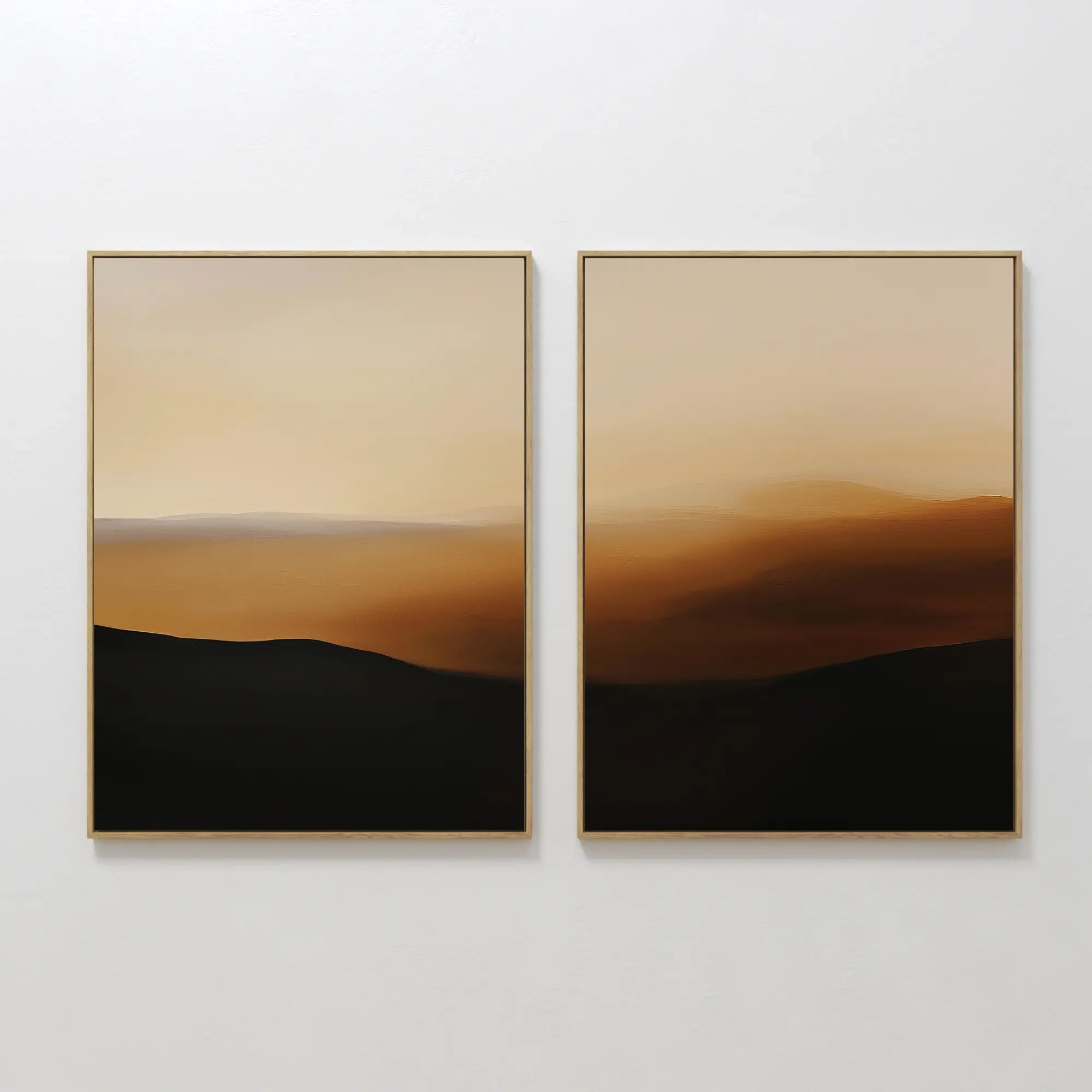 Original hand painted amber burnt sienna black desert landscape oil painting canvas wall art set of 2, nordic scandinavian elegant luxury modern livin