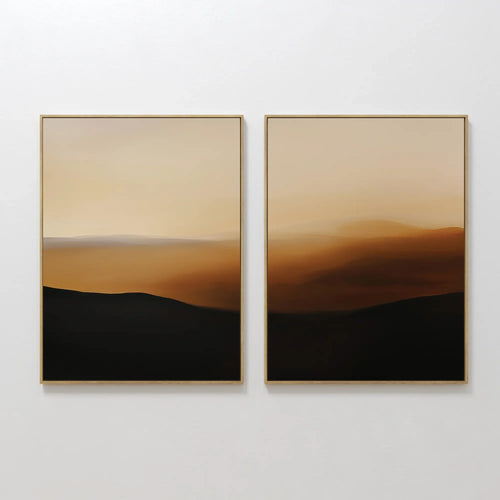 Original hand painted amber burnt sienna black desert landscape oil painting canvas wall art set of 2, nordic scandinavian elegant luxury modern livin