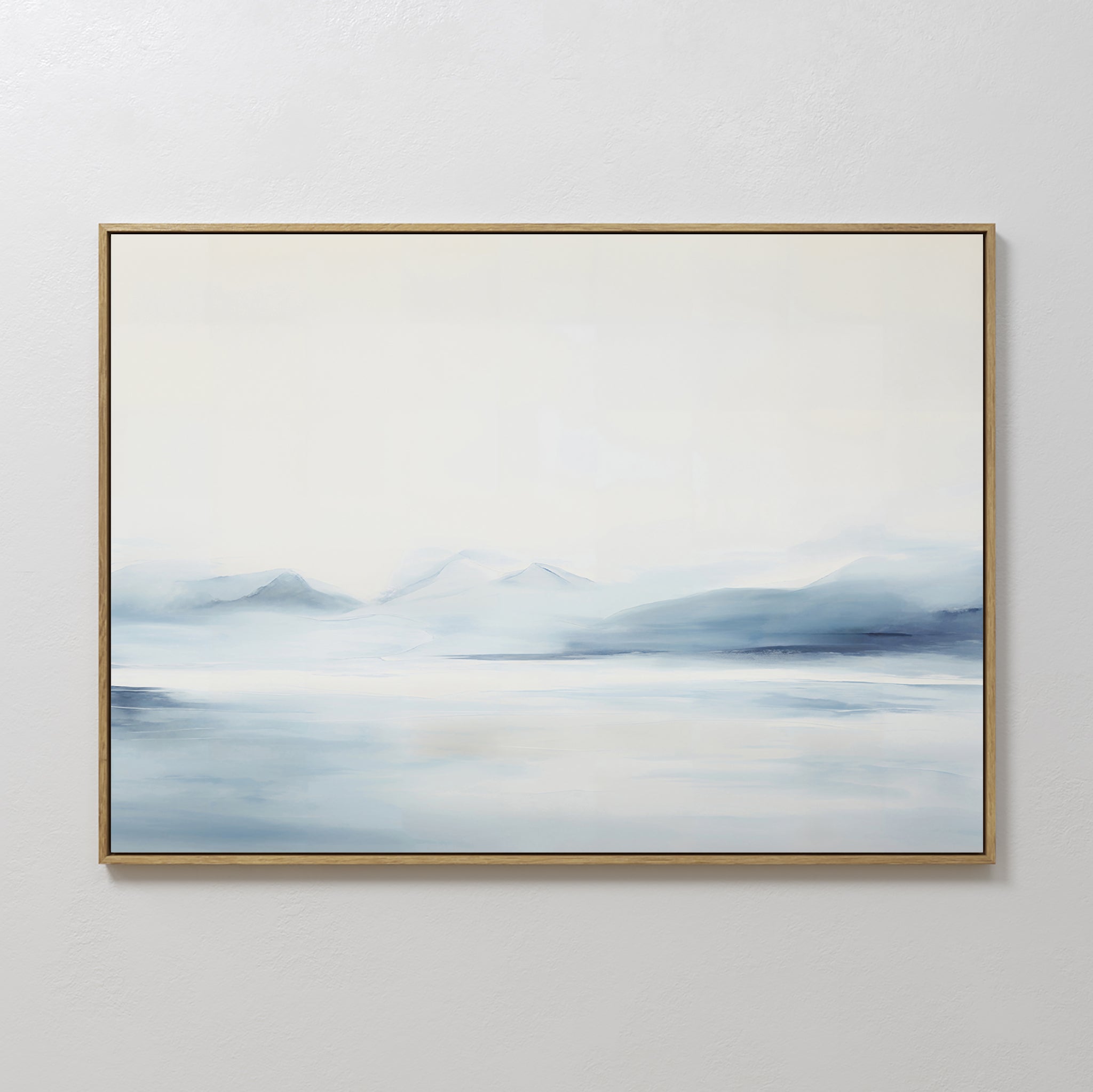 Original hand painted soft blue grey ivory misty mountain lake oil painting canvas wall art, nordic scandinavian elegant luxury modern minimalist home