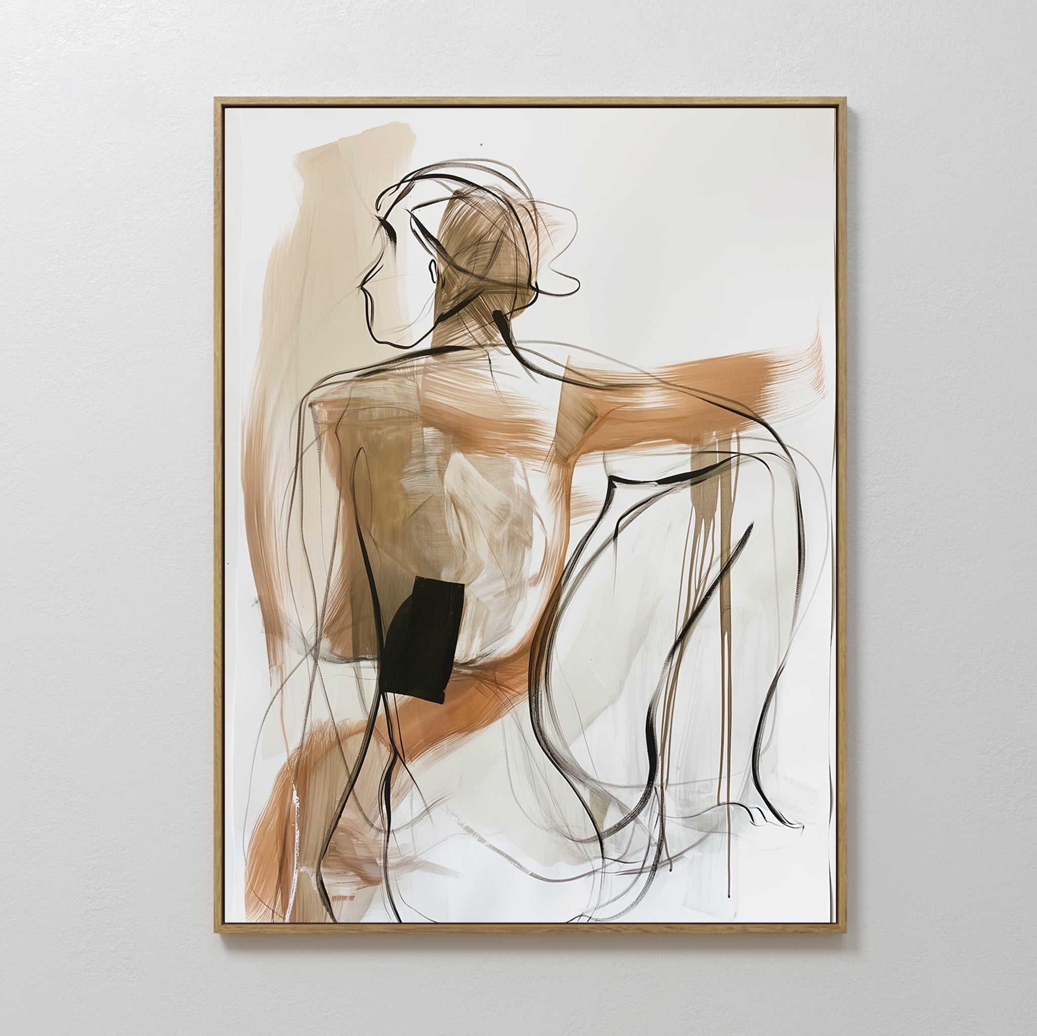 Original hand painted sienna and ivory abstract seated figure oil painting canvas wall art, nordic scandinavian elegant luxury modern living room home
