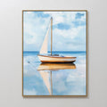 Hand painted original sailboat oil painting canvas wall art, blue sky white clouds golden hull reflection, nordic scandinavian elegant luxury coastal