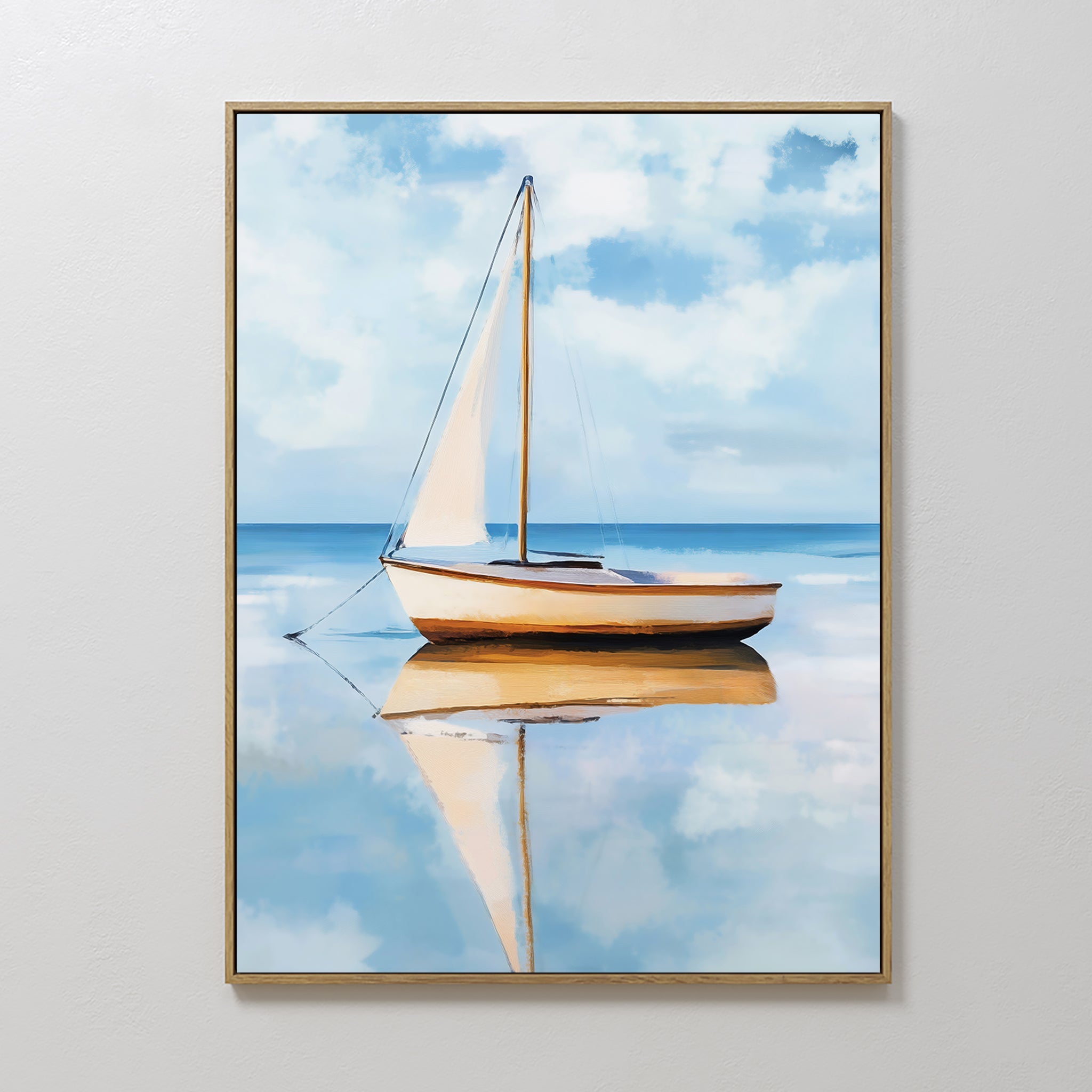 Hand painted original sailboat oil painting canvas wall art, blue sky white clouds golden hull reflection, nordic scandinavian elegant luxury coastal