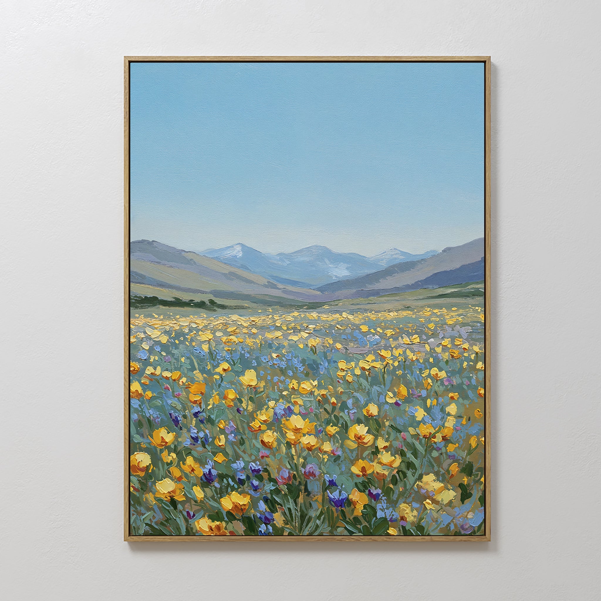 Hand painted original oil painting yellow wildflower meadow mountain landscape canvas wall art, elegant luxury modern nordic scandinavian home decor i