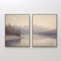 Original hand painted misty lake mountain diptych oil painting canvas wall art, soft lavender ivory blue nordic scandinavian elegant luxury modern hom