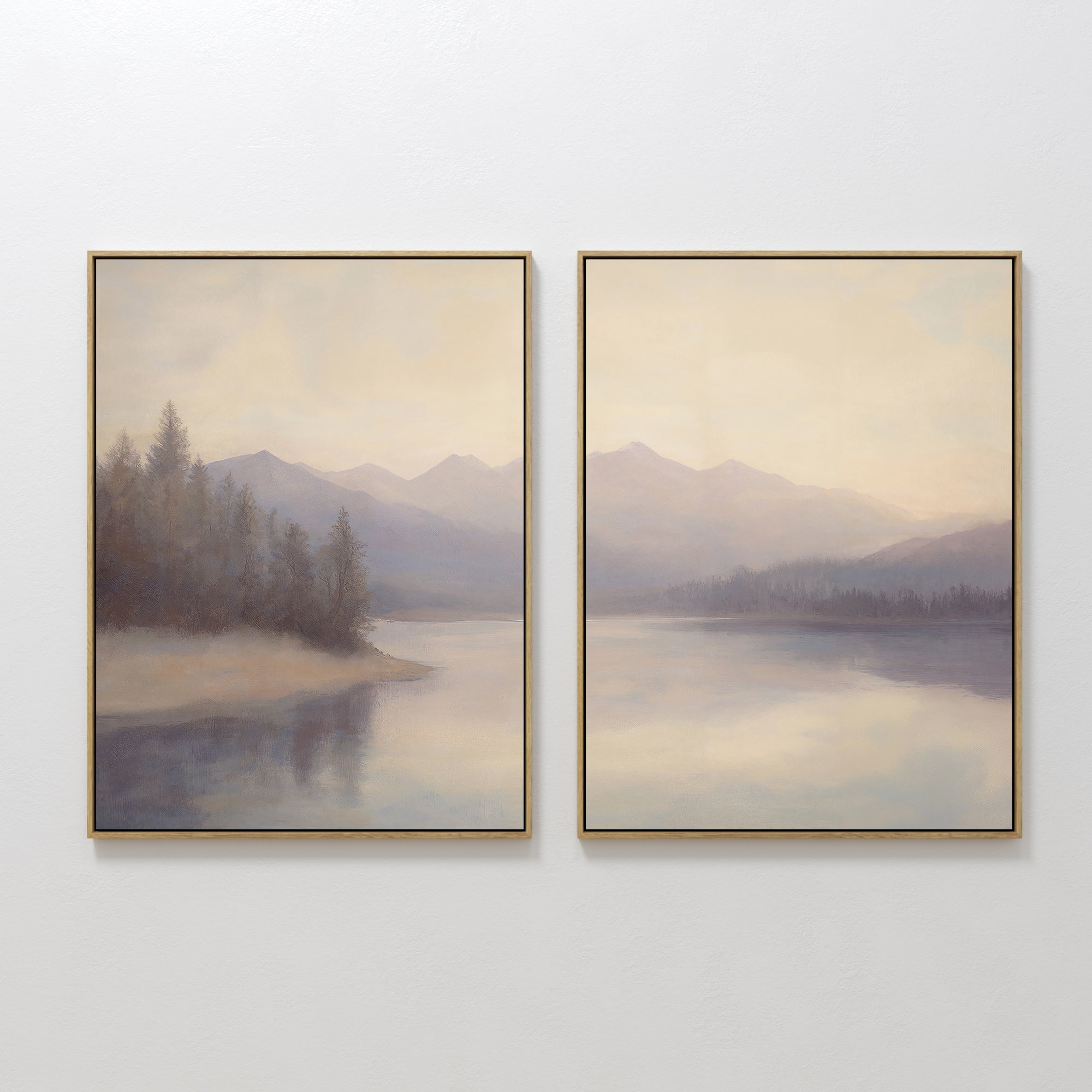 Original hand painted misty lake mountain diptych oil painting canvas wall art, soft lavender ivory blue nordic scandinavian elegant luxury modern hom