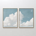 Original hand painted blue sky white cloud diptych oil painting canvas wall art, nordic scandinavian elegant luxury minimalist modern living room home