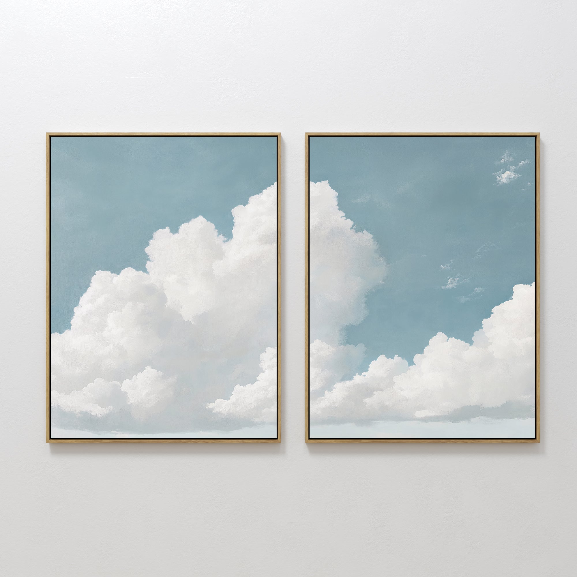 Original hand painted blue sky white cloud diptych oil painting canvas wall art, nordic scandinavian elegant luxury minimalist modern living room home