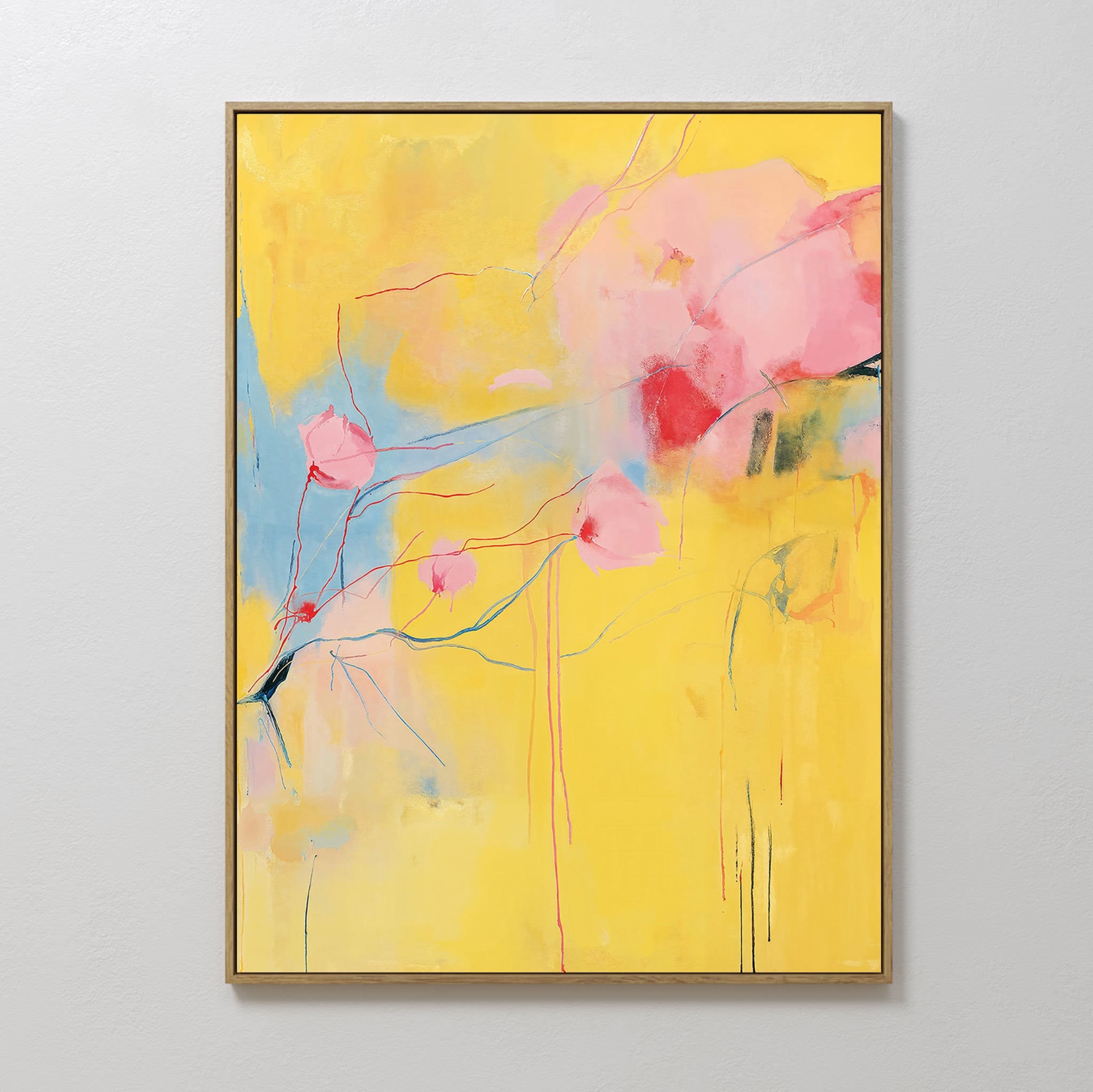 Original hand painted yellow pink abstract floral oil painting canvas wall art, nordic scandinavian elegant luxury modern living room home decor inter