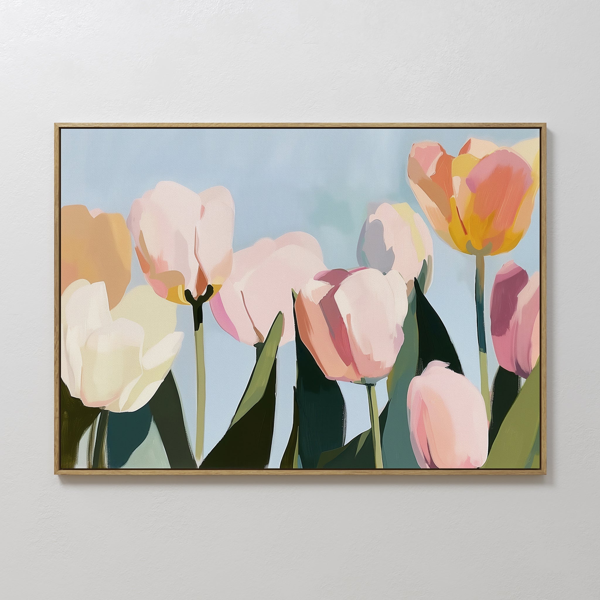 Hand painted original oil painting blush pink peach yellow tulips botanical canvas wall art nordic scandinavian elegant luxury modern home decor inter