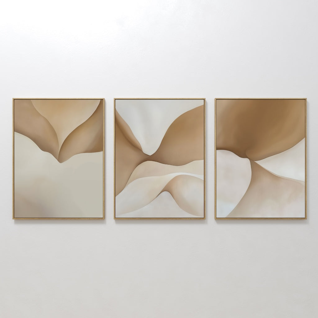 Original hand painted warm beige sand ivory organic abstract oil painting triptych canvas wall art nordic scandinavian elegant luxury modern interior