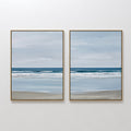 Original hand painted blue grey coastal ocean diptych oil painting canvas wall art, nordic scandinavian minimalist elegant luxury modern home decor in