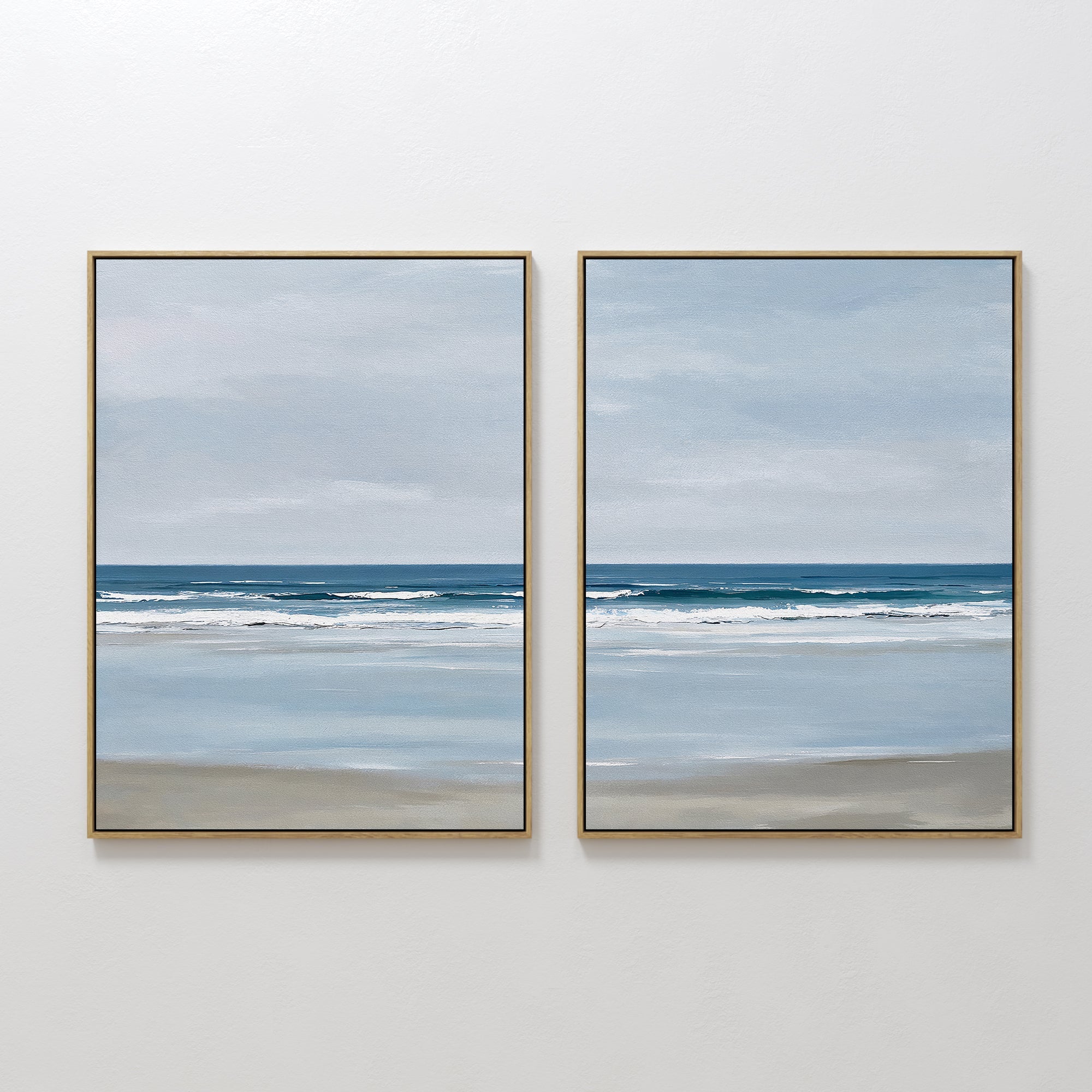 Original hand painted blue grey coastal ocean diptych oil painting canvas wall art, nordic scandinavian minimalist elegant luxury modern home decor in