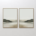 Original hand painted sage green ivory misty mountain lake diptych oil painting canvas wall art, nordic scandinavian elegant luxury modern living room