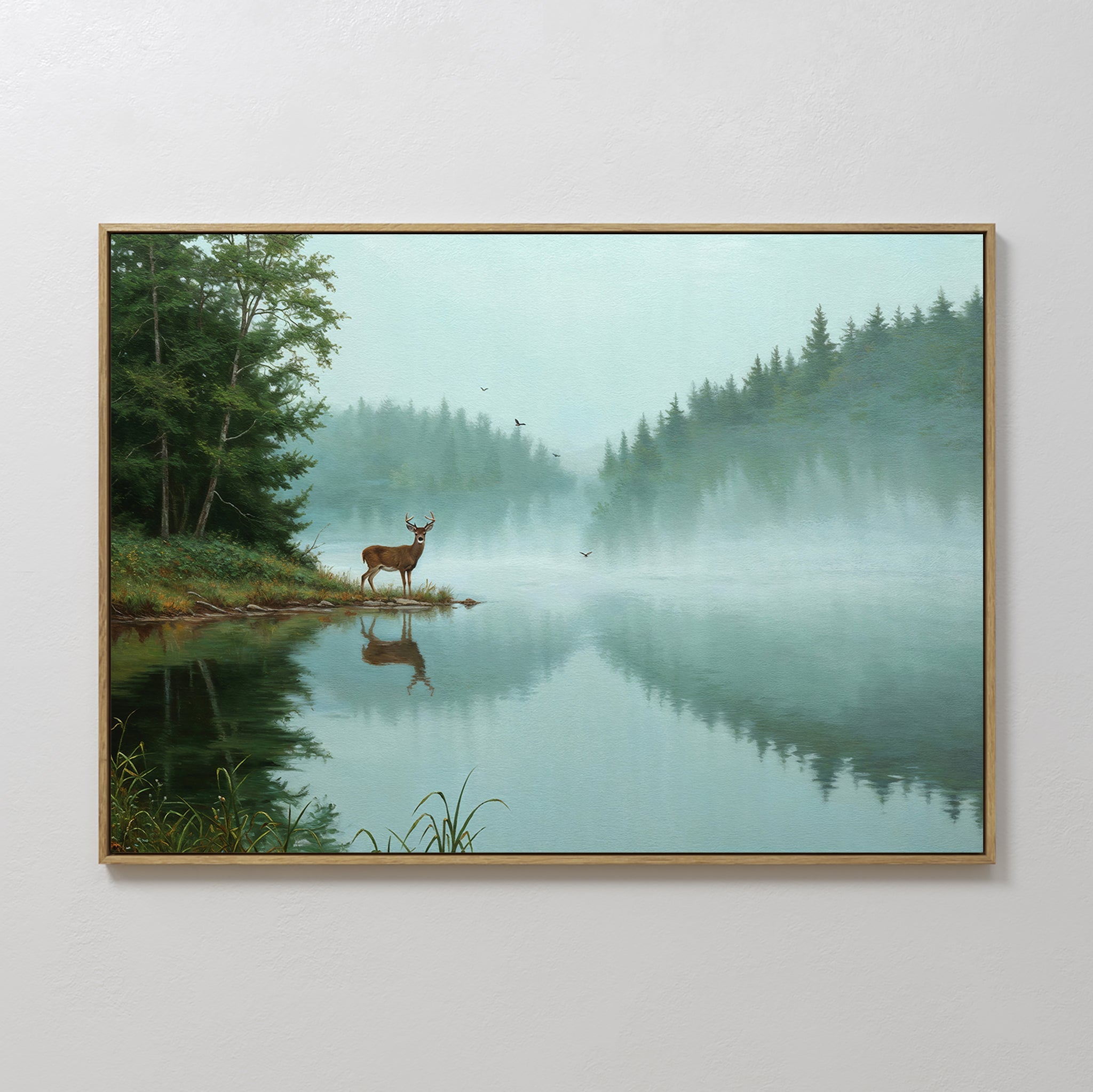 Original hand painted misty teal green lake deer oil painting canvas wall art, nordic scandinavian elegant luxury modern living room home decor interi