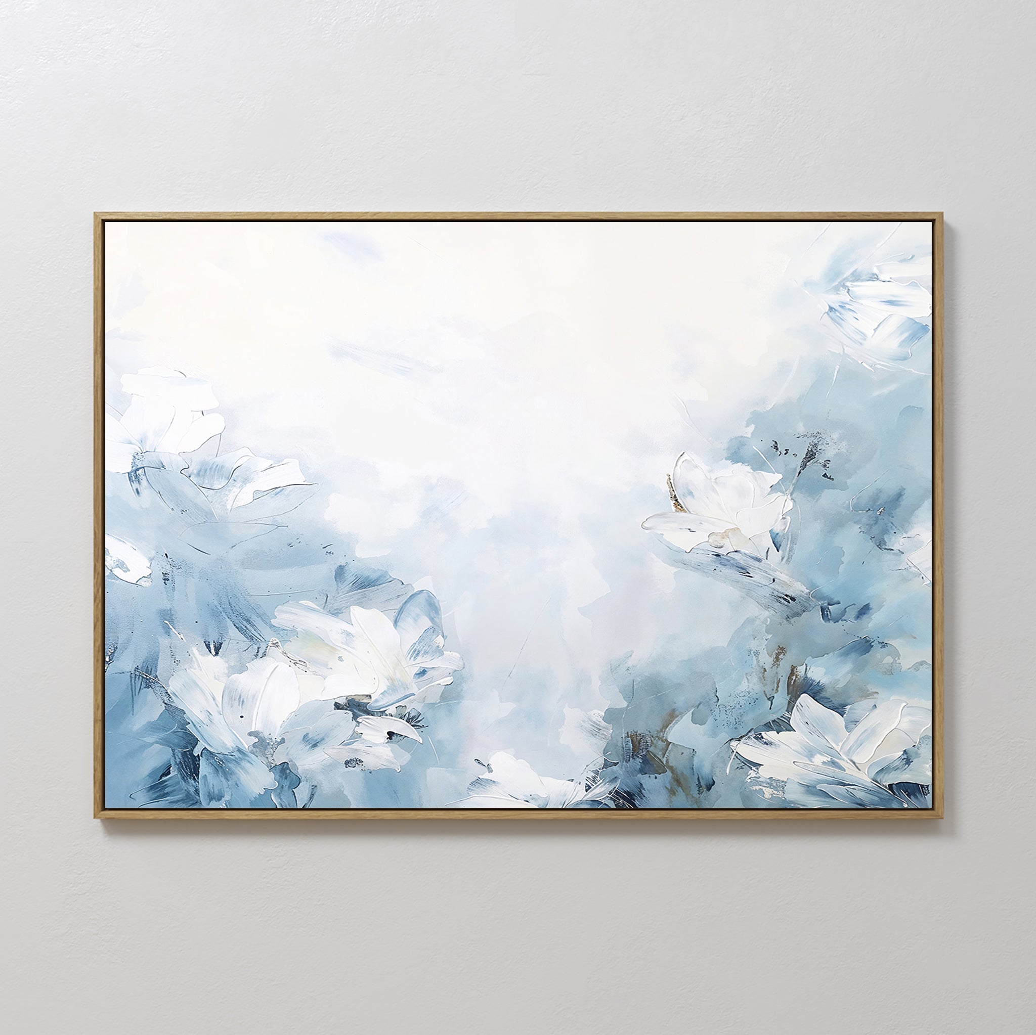 Original hand painted soft blue white abstract floral oil painting canvas wall art, nordic scandinavian elegant luxury minimalist coastal modern home