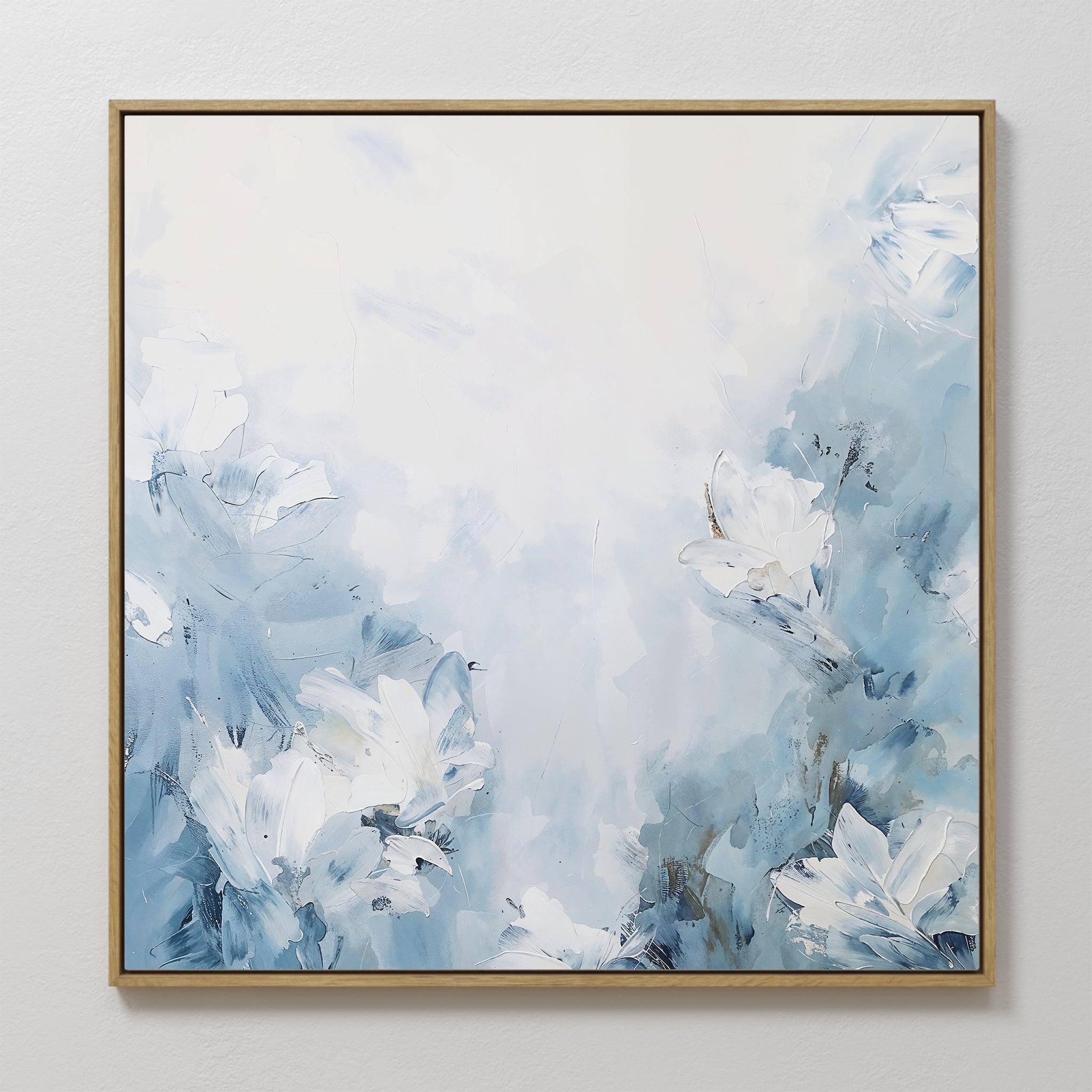 Hand painted original blue white abstract floral oil painting canvas wall art, nordic scandinavian elegant luxury modern coastal bedroom living room h