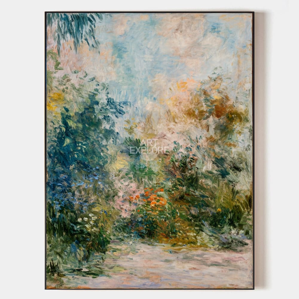 Original hand painted teal blush botanical garden oil painting canvas wall art, elegant luxury modern scandinavian nordic impressionist