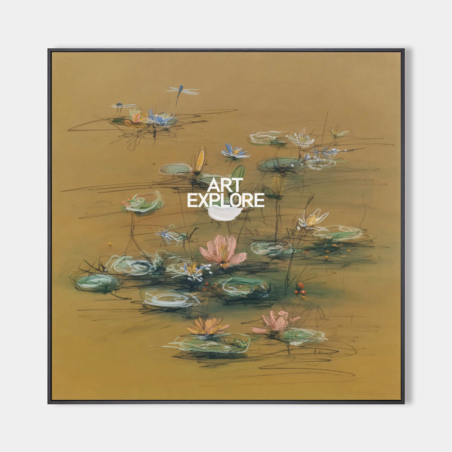 Original hand painted ochre botanical oil painting canvas, water lilies abstract nordic scandinavian elegant luxury modern living room
