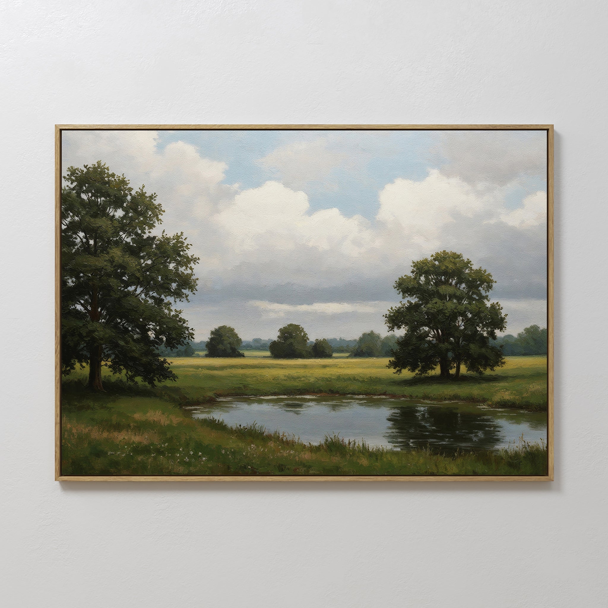 Original hand painted green meadow pond landscape oil painting canvas wall art, nordic scandinavian elegant luxury vintage modern living room home dec