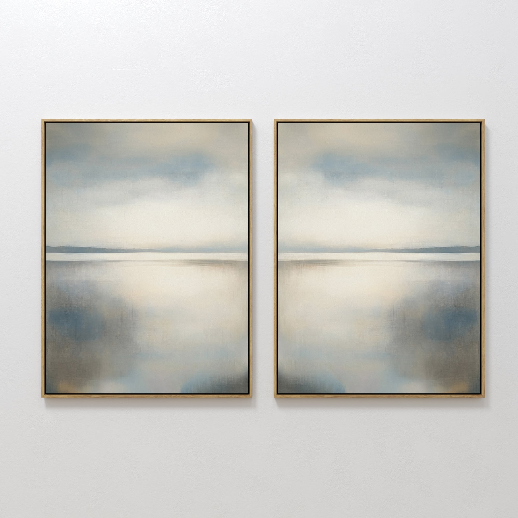 Original hand painted misty coastal blue grey ivory oil painting diptych canvas wall art, nordic scandinavian elegant luxury minimalist modern living