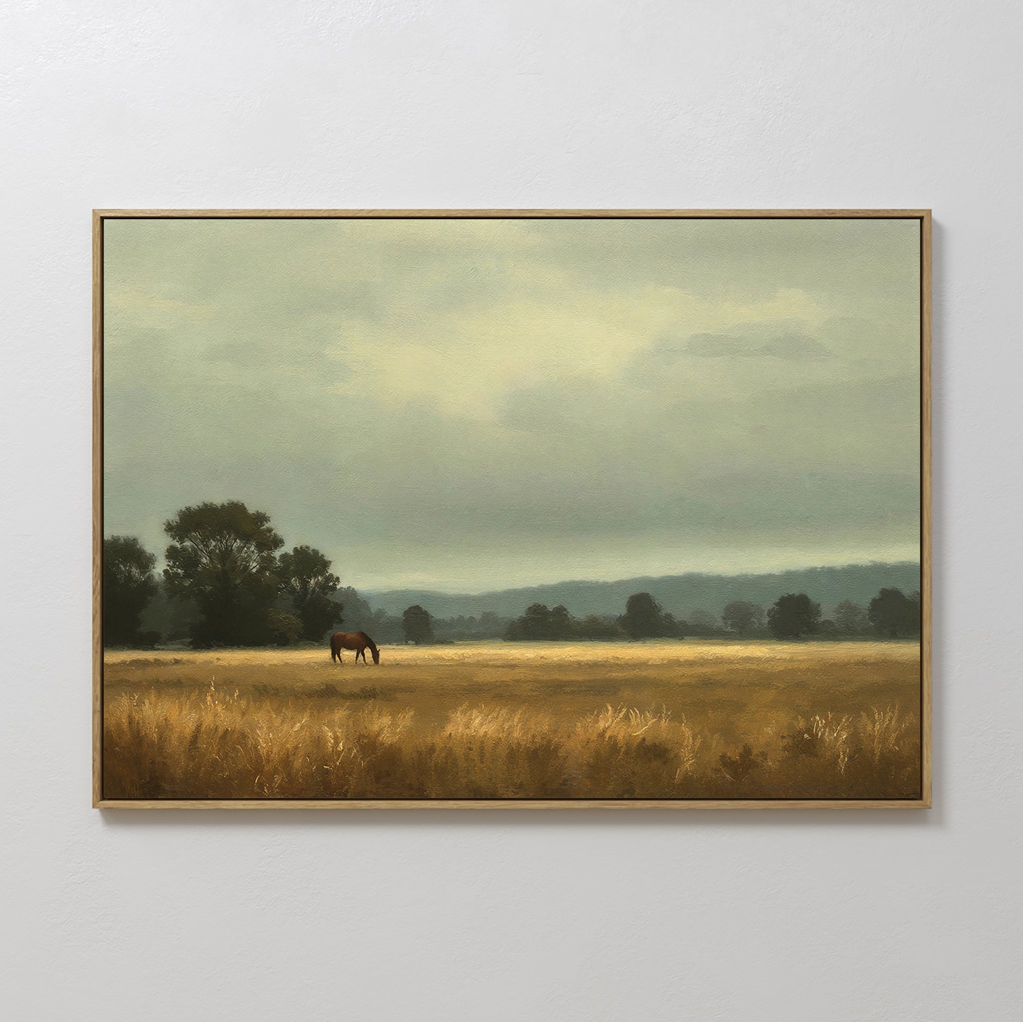 Original hand painted golden amber field horse grazing oil painting canvas wall art, nordic scandinavian elegant vintage luxury modern home decor inte