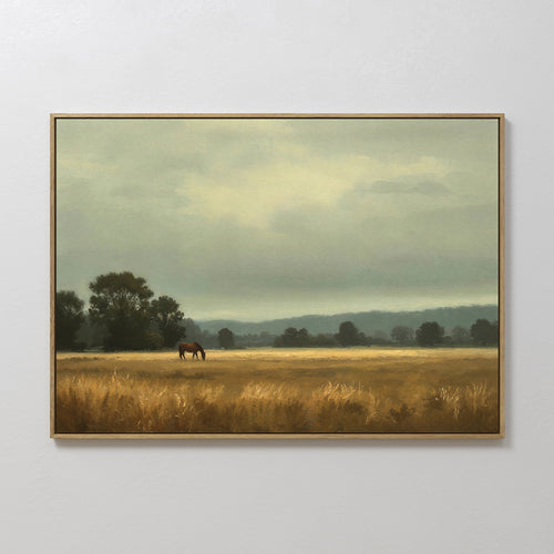 Original hand painted golden amber field horse grazing oil painting canvas wall art, nordic scandinavian elegant vintage luxury modern home decor inte