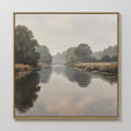 Original hand painted misty river landscape oil painting canvas wall art, grey taupe earthy tones, nordic scandinavian elegant luxury modern home deco