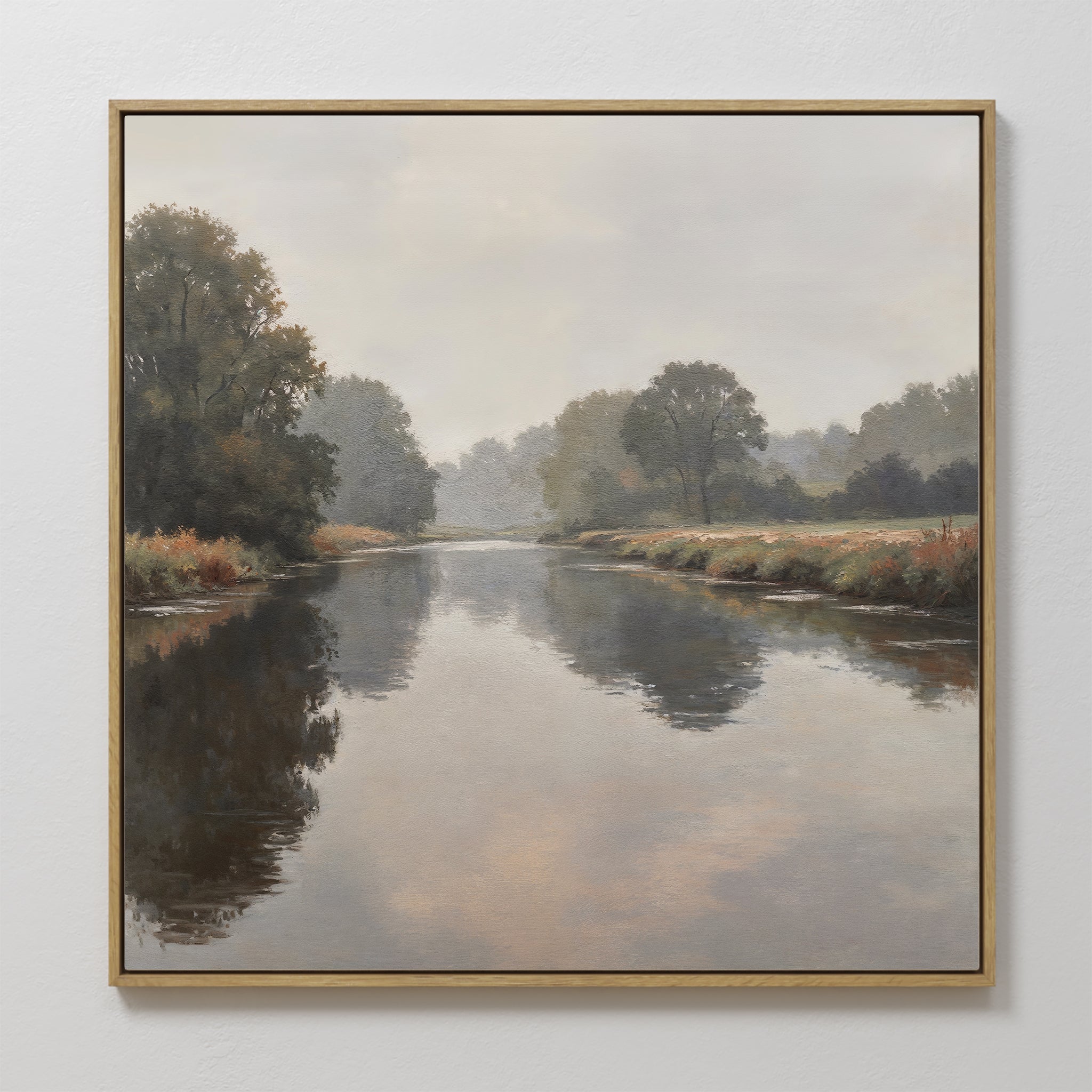 Original hand painted misty river landscape oil painting canvas wall art, grey taupe earthy tones, nordic scandinavian elegant luxury modern home deco